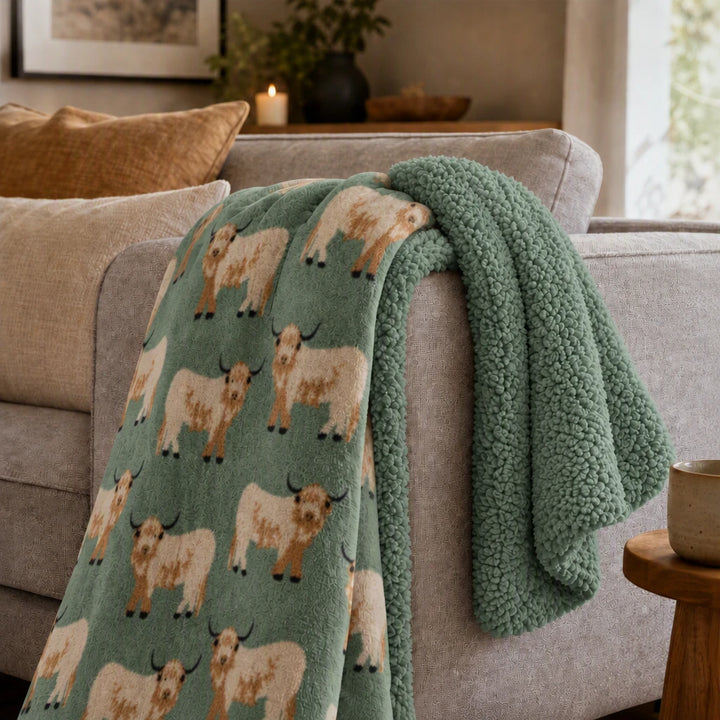 Highland Cow Luxury Design Flannel Throws with Sherpa Reverse -120x150cm - Green