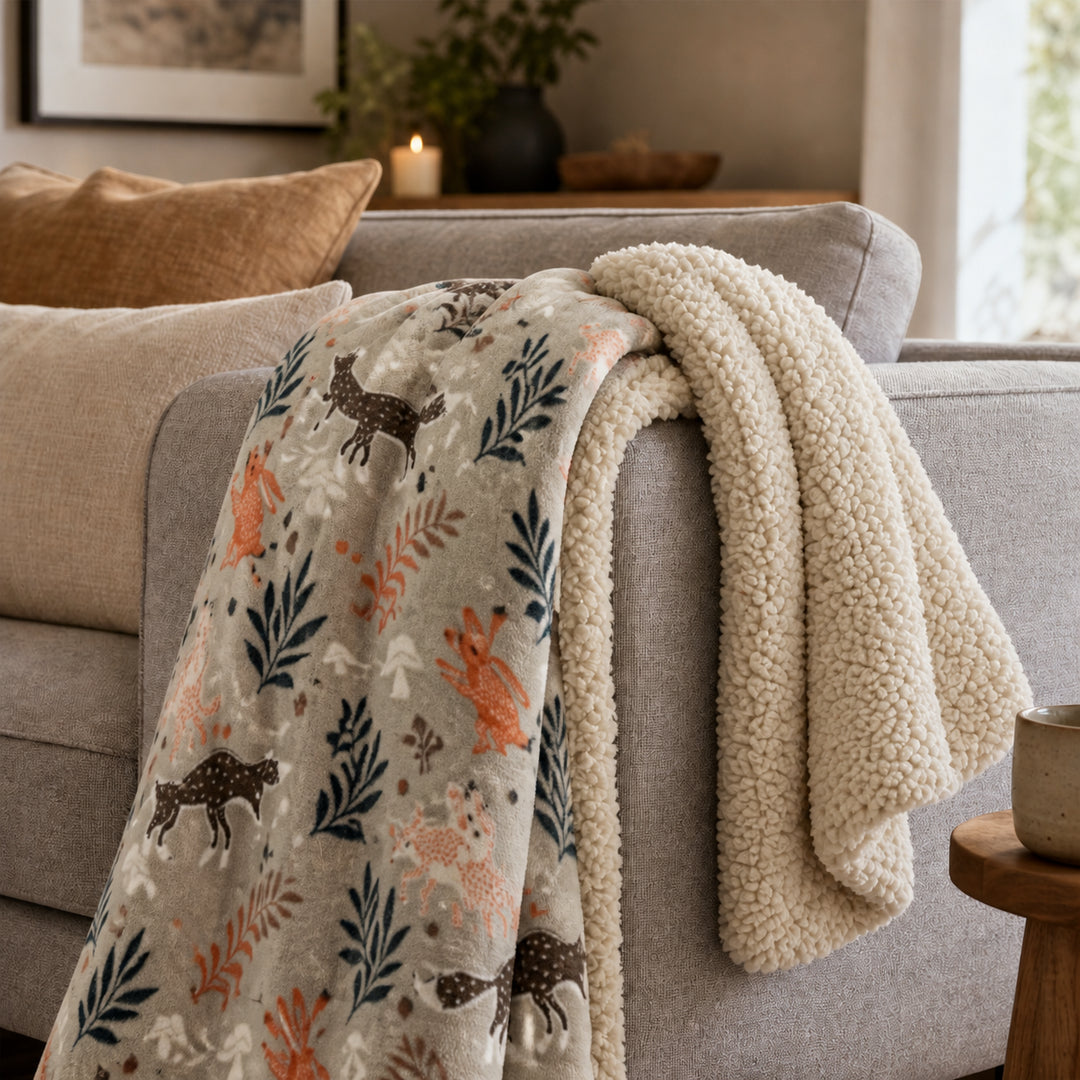 Woodland Creatures Luxury Design Flannel Throws with Sherpa Reverse -120x150cm
