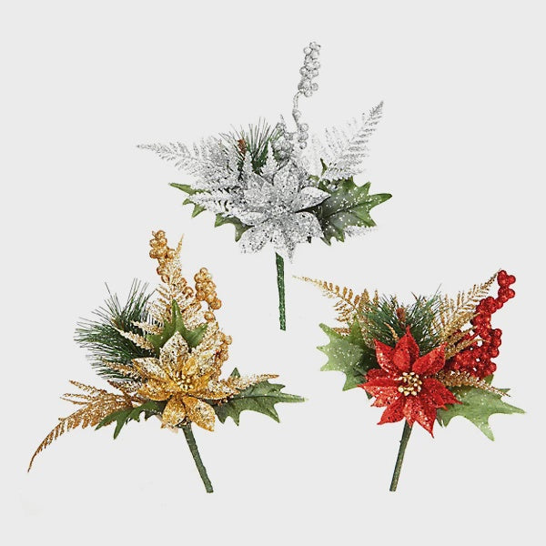 Glitter Poinsettia Pick Decoration Asstd