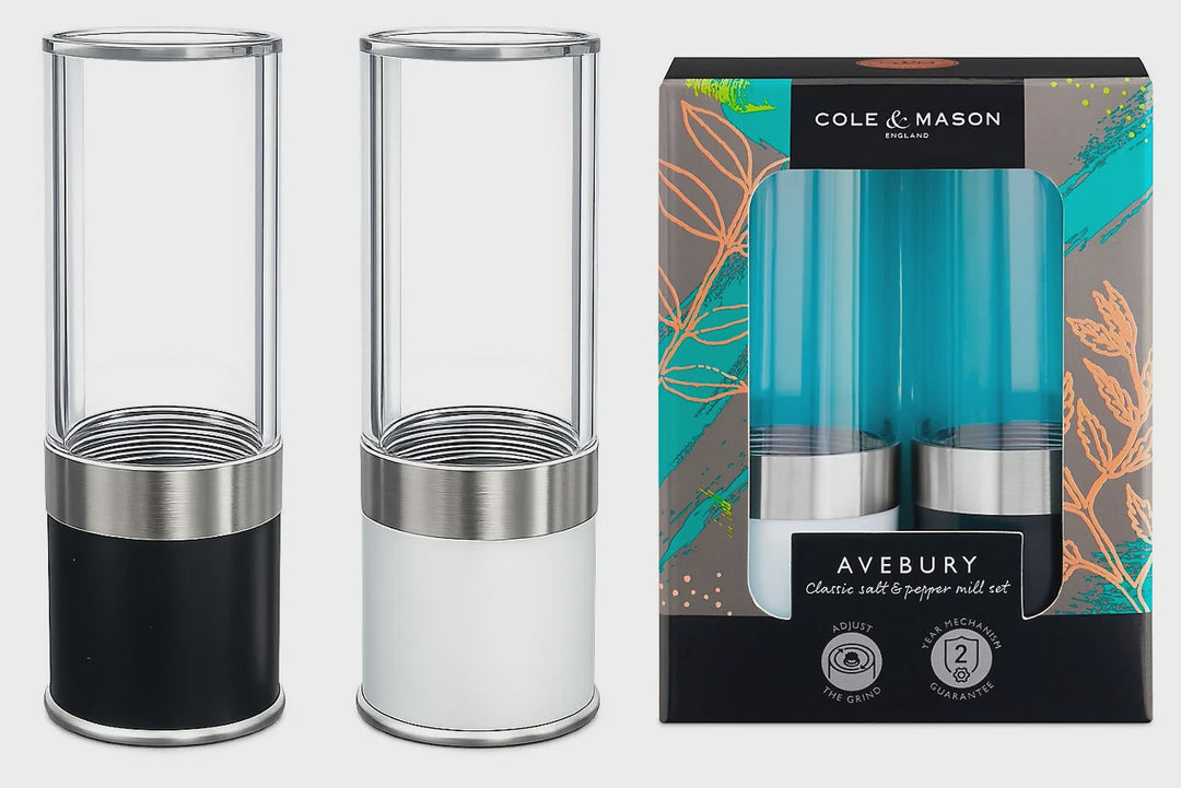Cole &amp; Mason Avebury Black &amp; White Salt and Pepper Mill Set Adjustable Grind