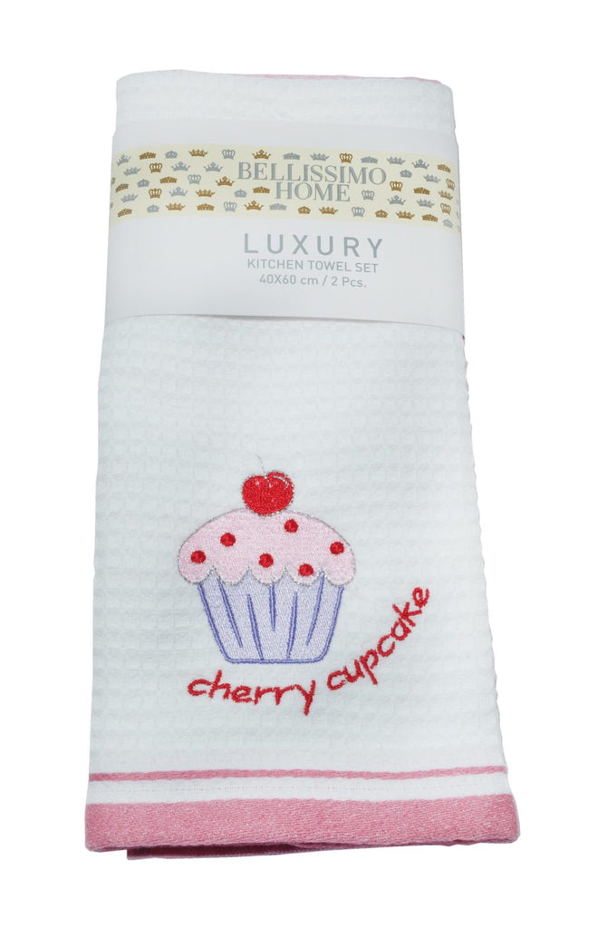 Bellissimo Pack of 2 Luxury Terry/Waffle Embroidered Tea Towels Cupcake