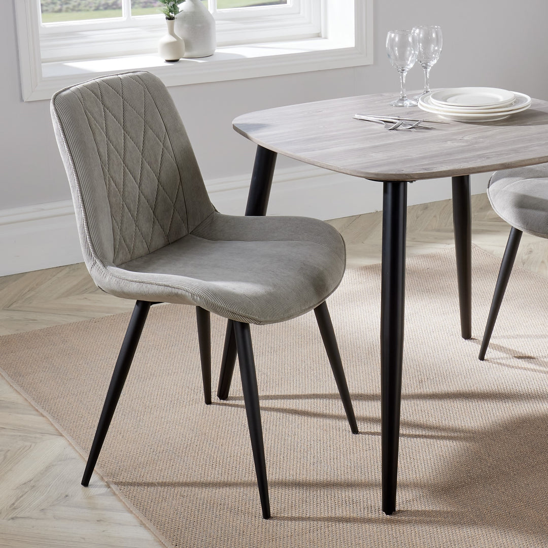 Aspen Diamond Stitch Lt Grey Cord Fabric Dining Chair, Black Tapered Legs (Pair) Light Grey Black (DHD) Image 5