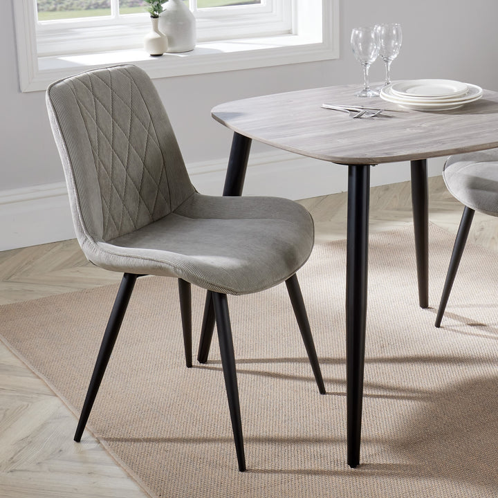 Aspen Diamond Stitch Lt Grey Cord Fabric Dining Chair, Black Tapered Legs (Pair) Light Grey Black (DHD) Image 5