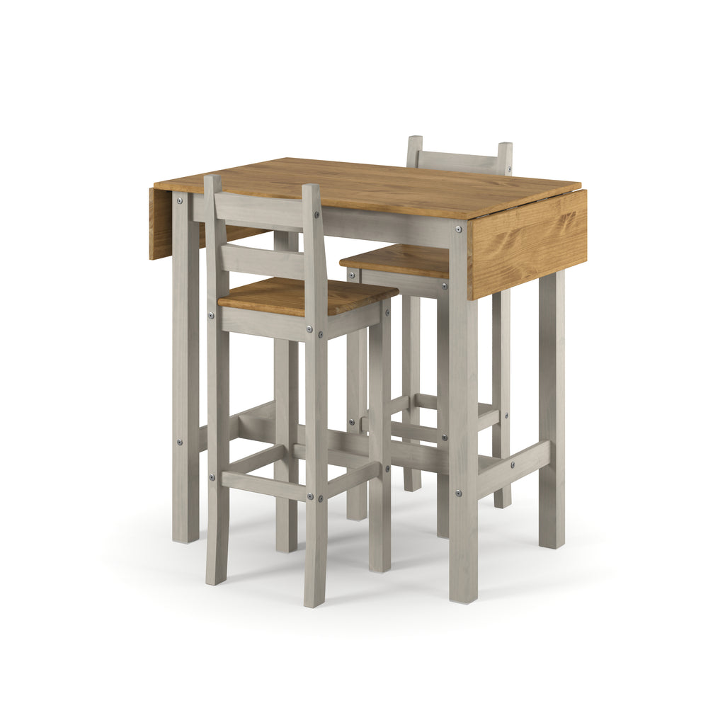 Corona Grey Rectangular High Breakfast Bar Drop Leaf Table And Bar Chair Set Grey Antique Waxed Pine (DHD) Image 1