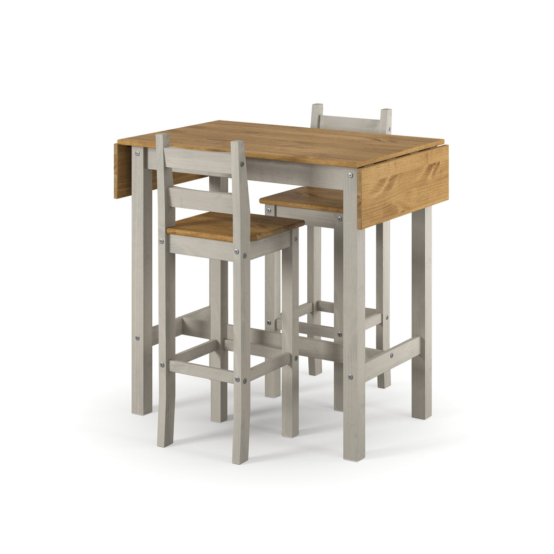 Corona Grey Rectangular High Breakfast Bar Drop Leaf Table And Bar Chair Set Grey Antique Waxed Pine (DHD) Image 1
