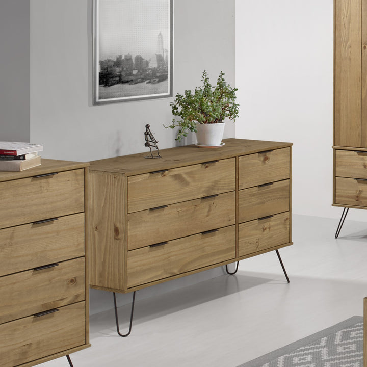 Augusta Pine 3+3 Drawer Wide Chest Of Drawers  Antique Waxed Pine Black (DHD) Image 5