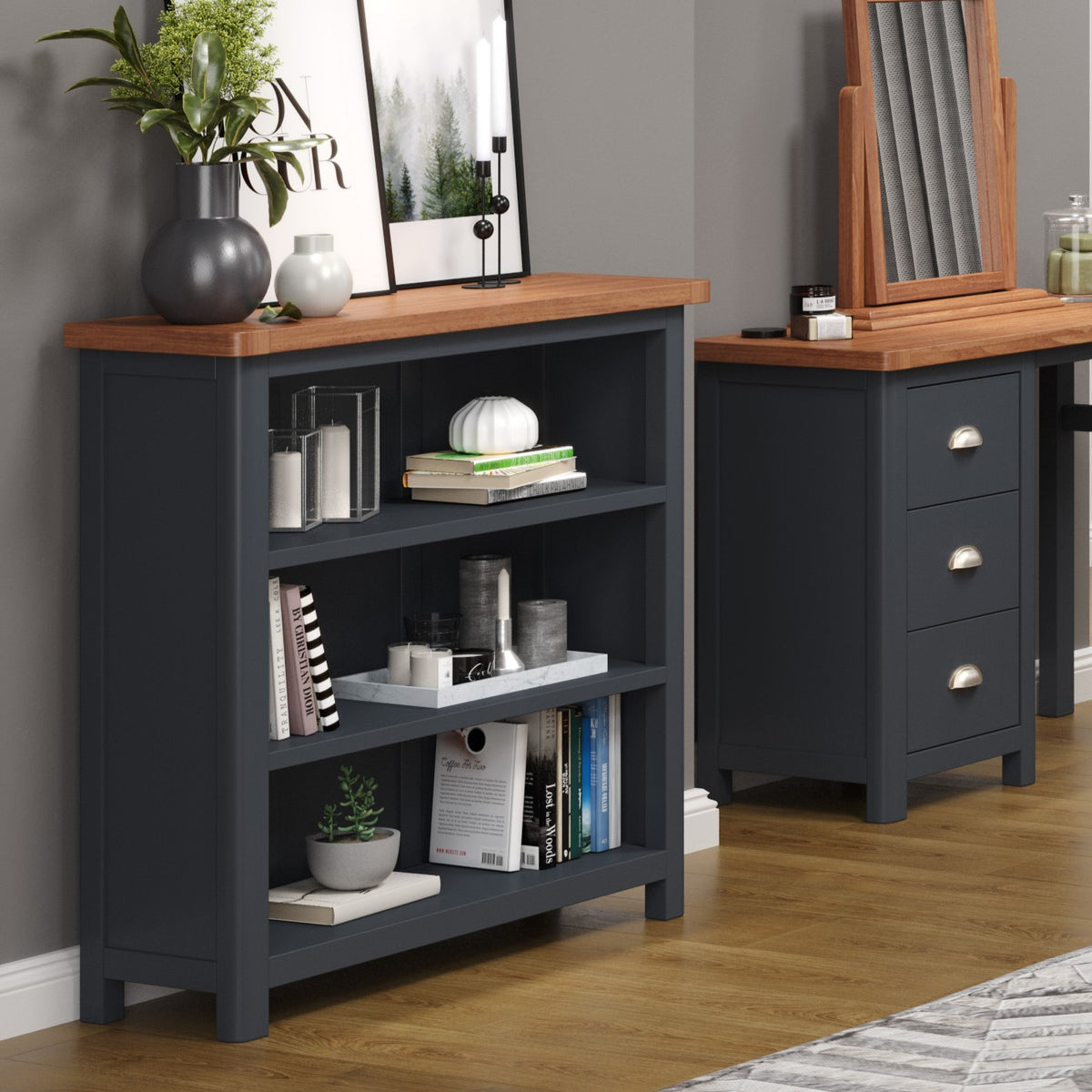 Dunkeld Low Bookcase Midnight Blue Antique Oak Effect Wax (DHD) Image 2