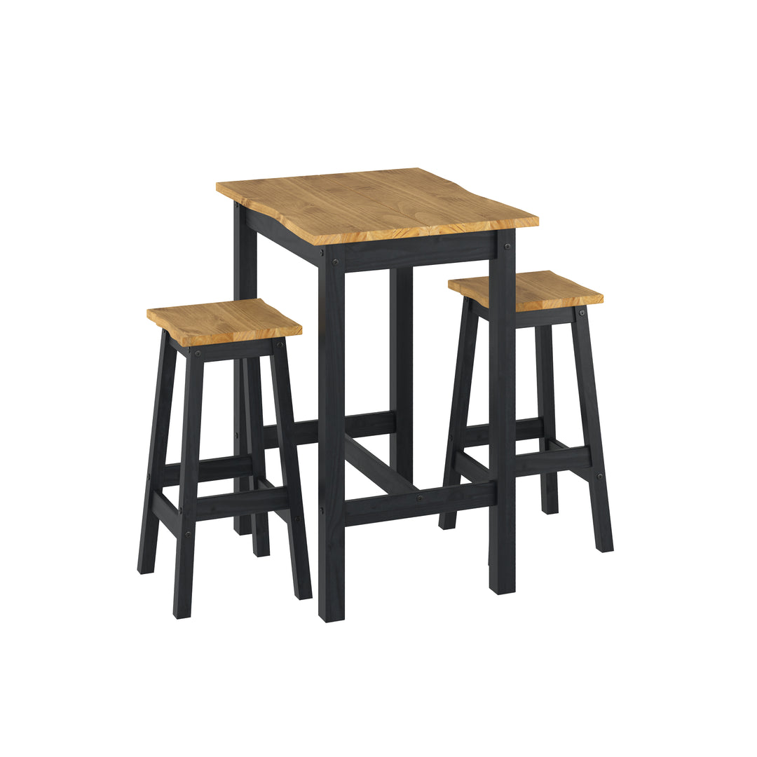 Corona Black Live Edge Small Rectangular High Breakfast Bar Table & Pair Bar Stool Set Black Antique Waxed Pine (DHD) Image 1
