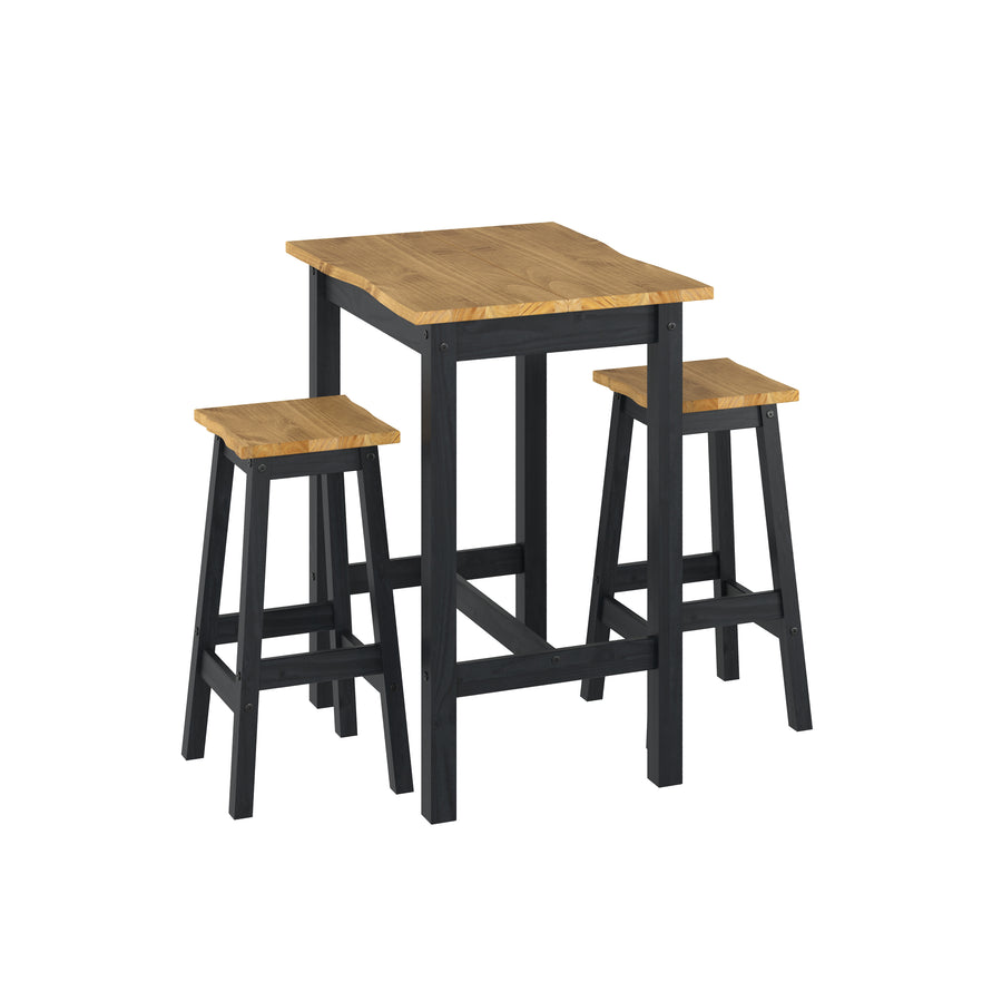 Corona Black Live Edge Small Rectangular High Breakfast Bar Table & Pair Bar Stool Set Black Antique Waxed Pine (DHD) Image 1