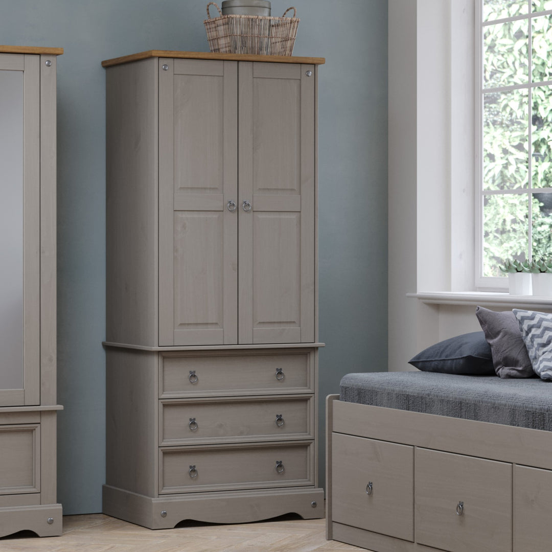 Corona Grey 2 Door, 3 Drawer Wardrobe Grey Wax Antique Waxed Pine (DHD) Image 6