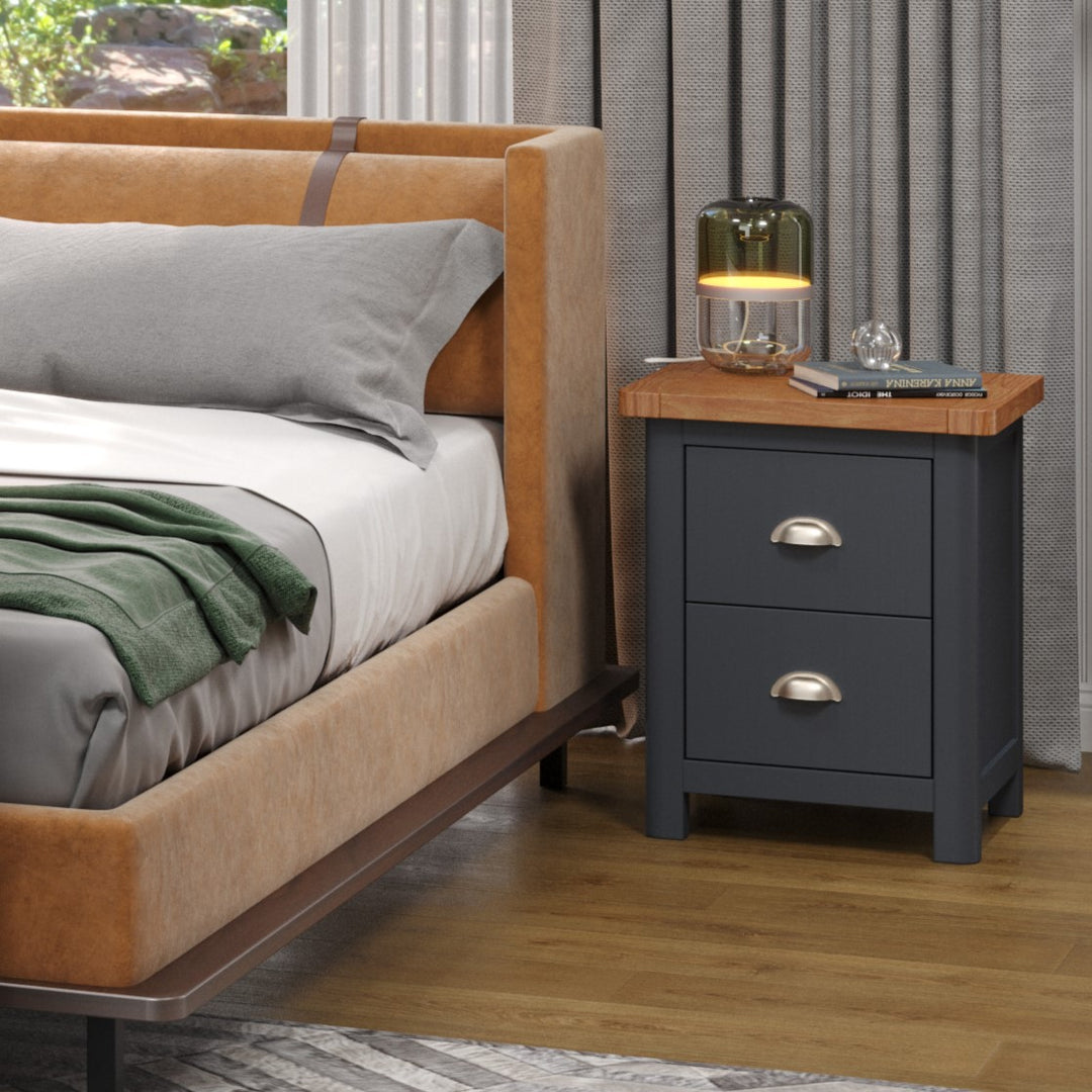 Dunkeld 2 Drawer Bedside Cabinet Midnight Blue Antique Oak Effect Wax (DHD) Image 4