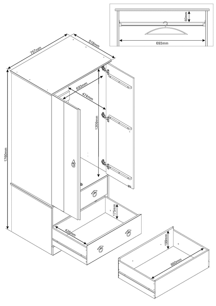 Corona Classic 2 Door, 2 Drawer Wardrobe Grey Antique (Self Assembly) (DHD)