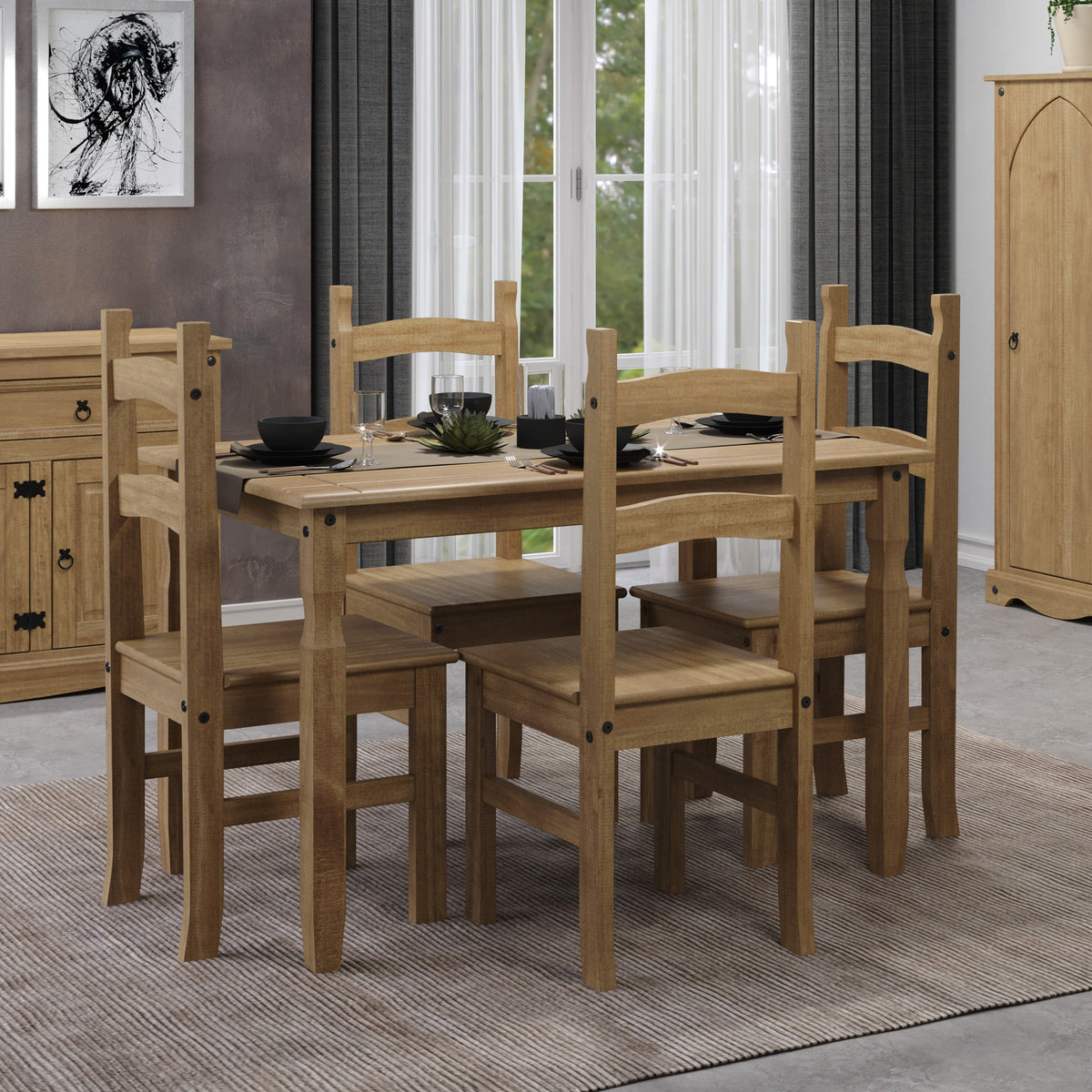 Corona Rectangular Dining Table & 4 Chair Set      Antique Waxed Pine  (DHD) Image 2