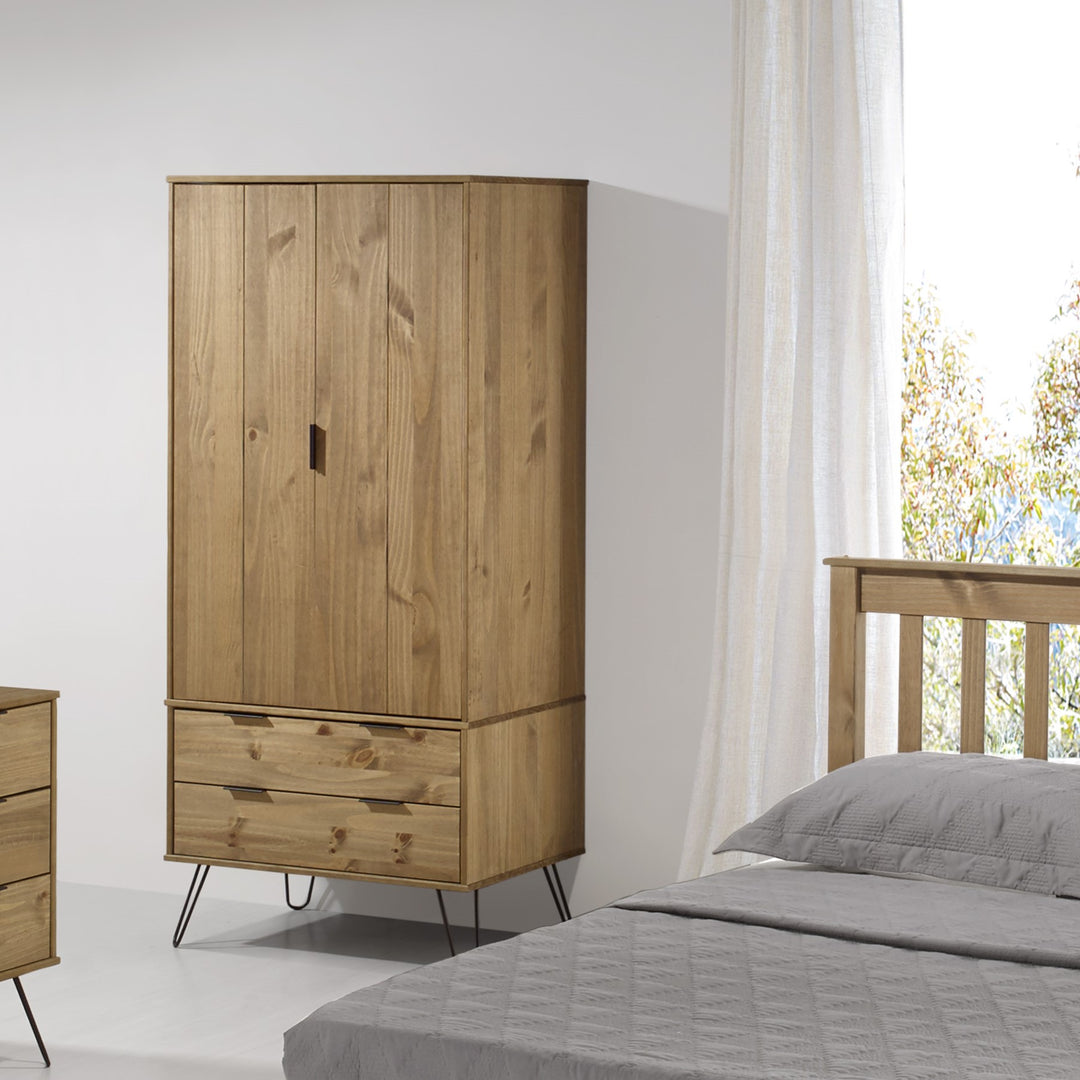 Augusta Pine 2 Door, 2 Drawer Wardrobe Antique Waxed Pine Black (DHD) Image 6