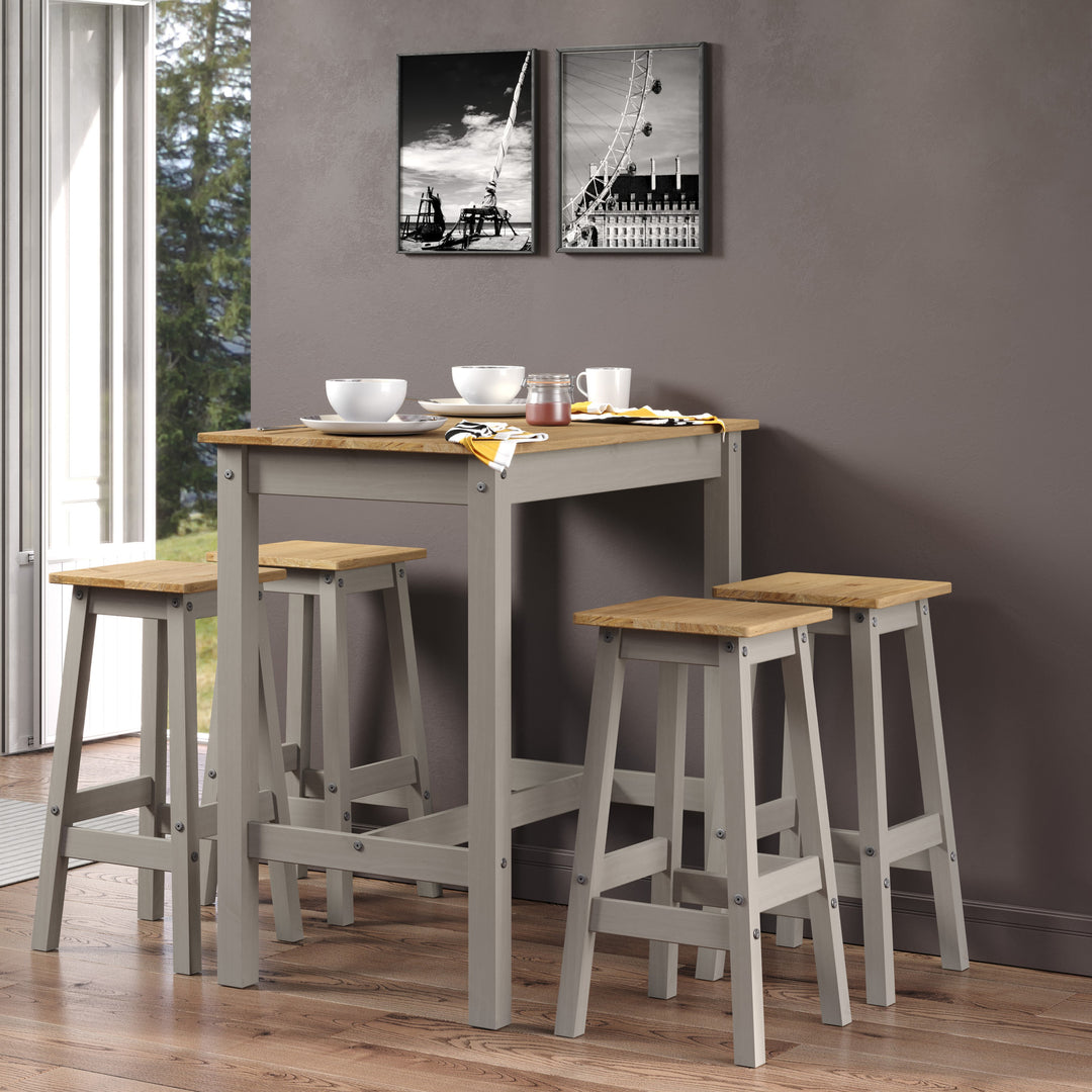 Linea Linea Breakfast Table & 4 High Stool Set Grey Antique Waxed Pine (DHD) Image 5