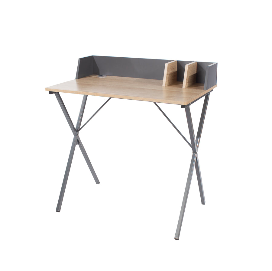 Loft Home Office Study Desk, Oak Effect Top With Grey Metal Cross Legs Oak Grey (DHD) Image 1