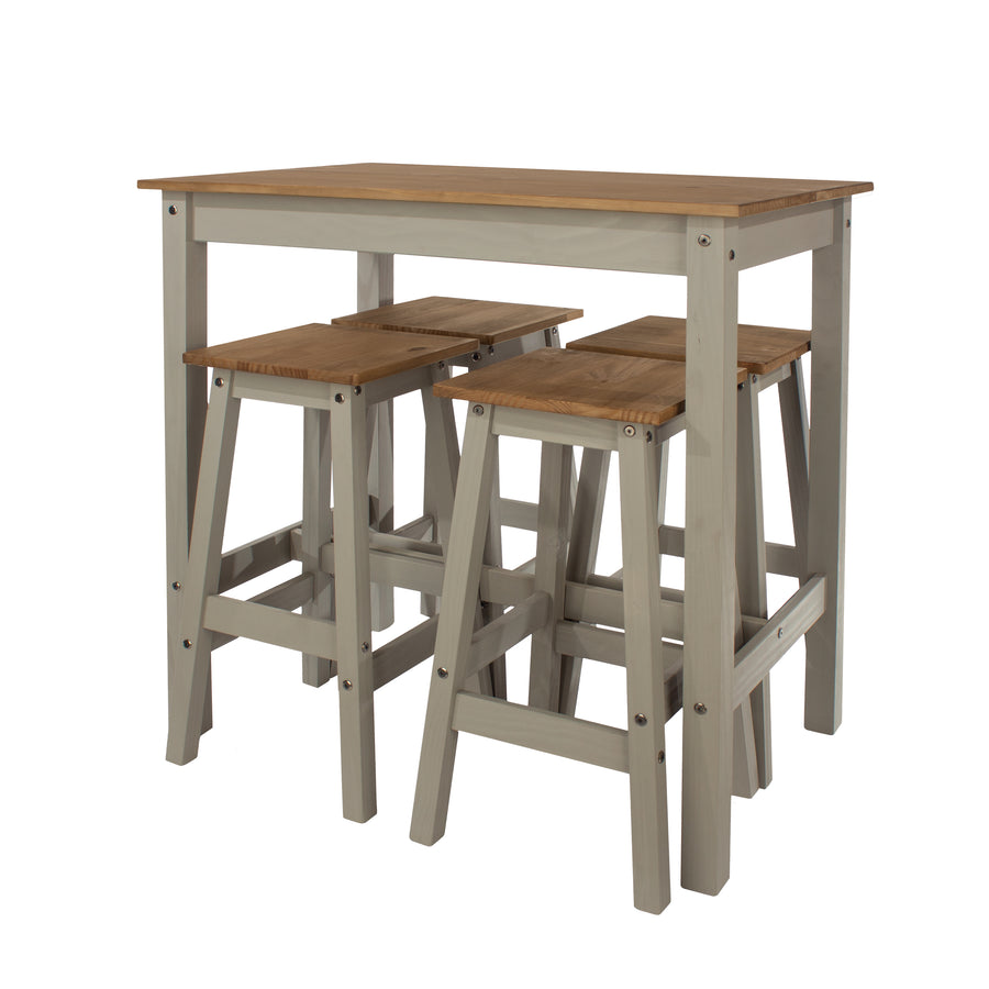 Linea Linea Breakfast Table & 4 High Stool Set Grey Antique Waxed Pine (DHD) Image 1