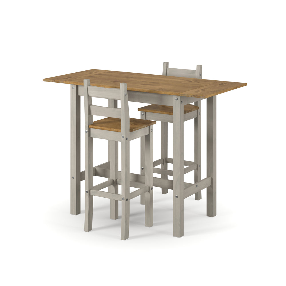 Corona Grey Rectangular High Breakfast Bar Drop Leaf Table And Bar Chair Set Grey Antique Waxed Pine (DHD) Image 2