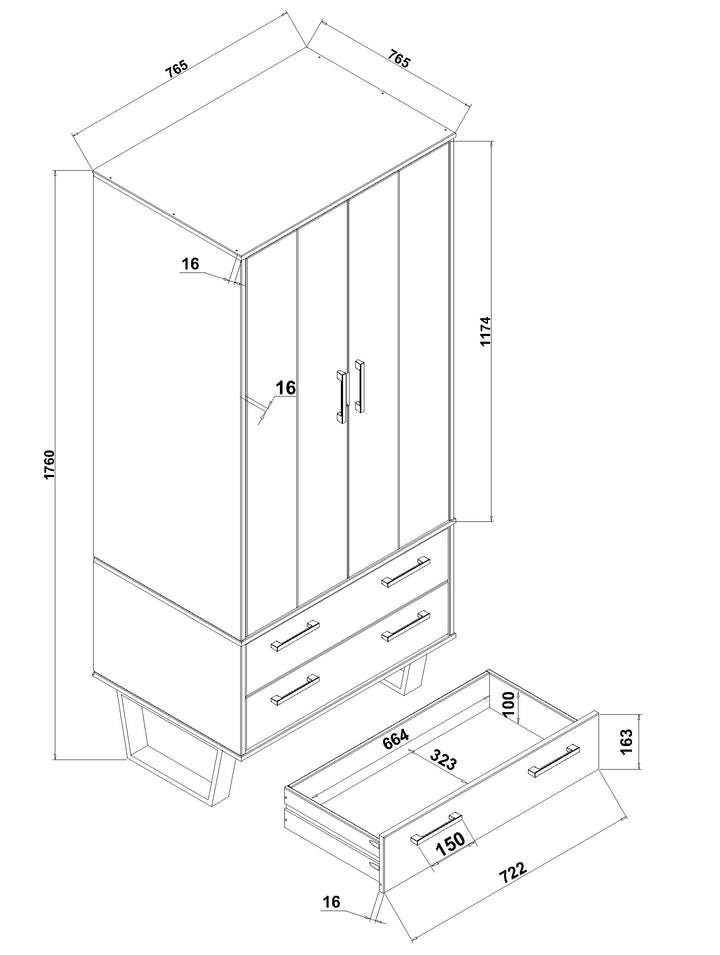 Texas 2 Door, 2 Drawer Wardrobe Grey Waxed Pine Black (DHD) Image 6