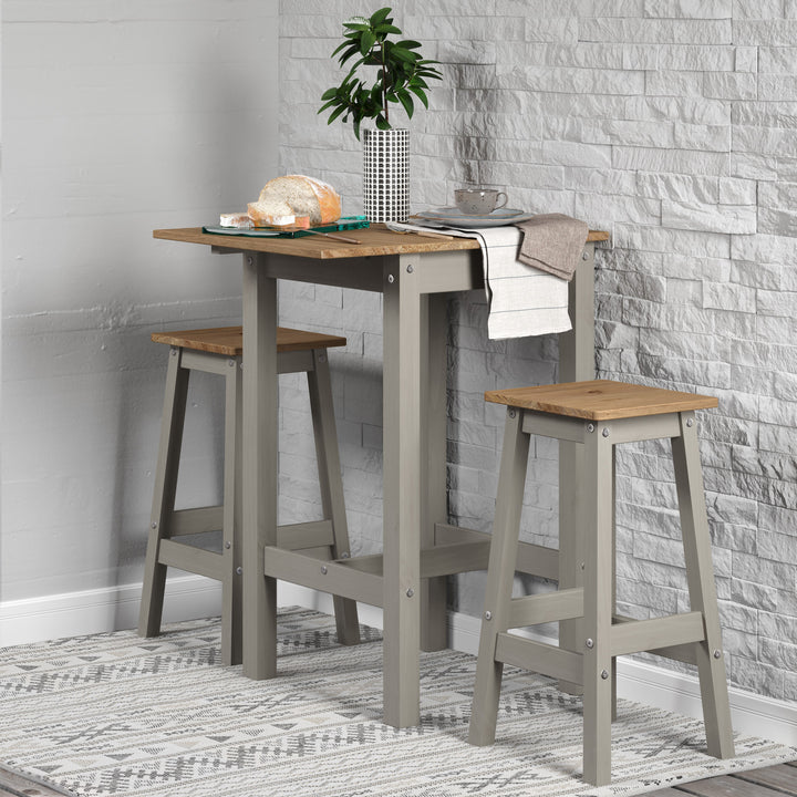 Linea Linea Drop Leaf Breakfast Table & 2 High Stools Set Grey Antique Waxed Pine (DHD) Image 6