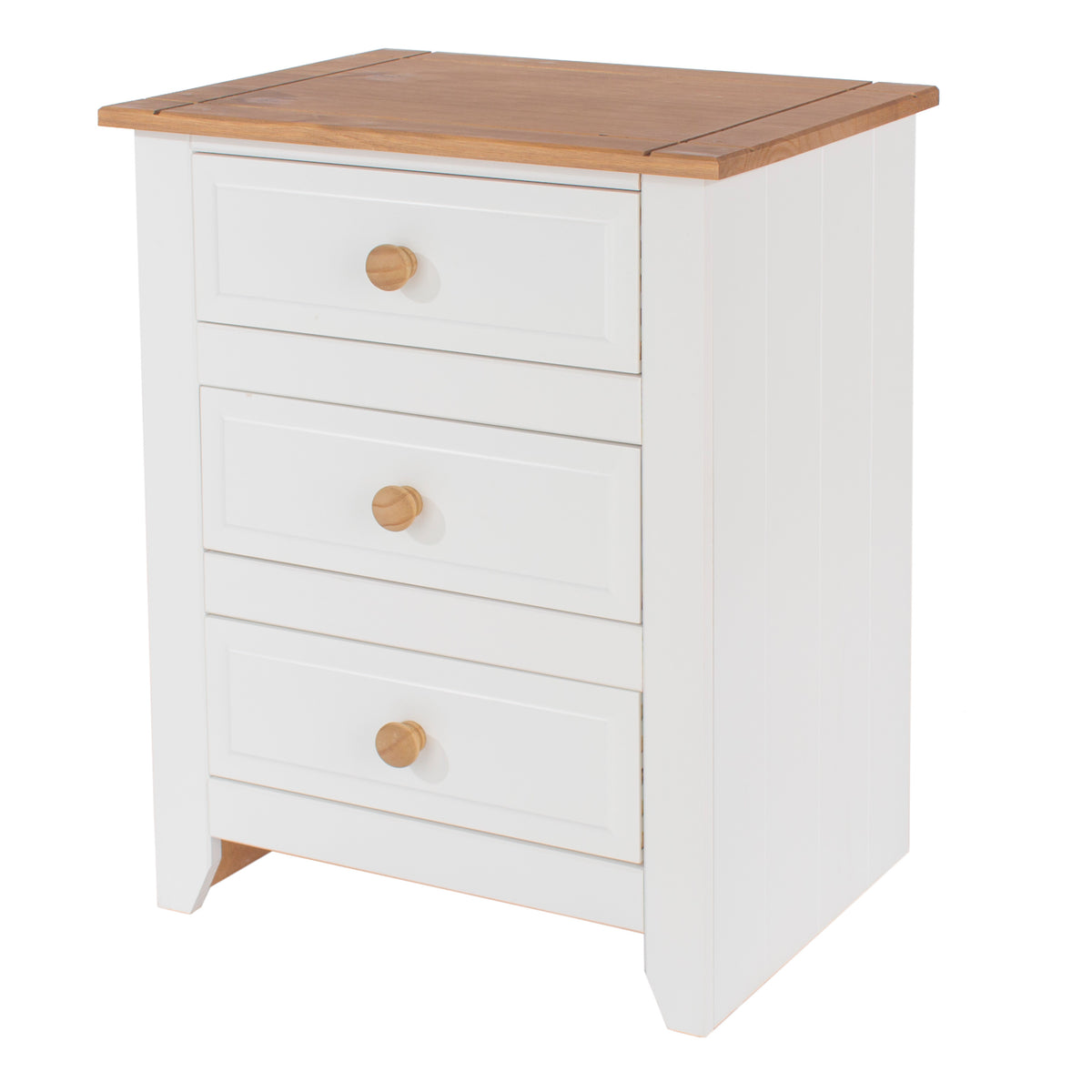 Capri 3 drawer bedside in white with antique pine top