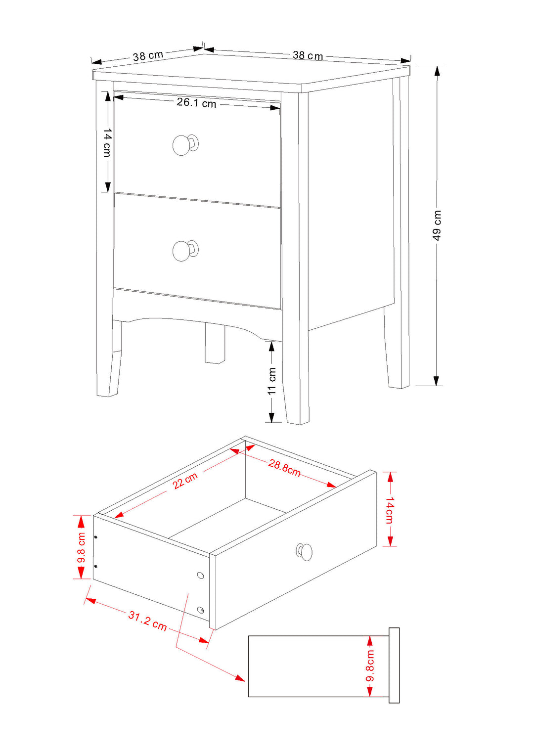 Como White 2 Petite Drawer Bedside Cabinet  White  (DHD) Image 6