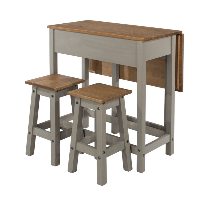 Corona Grey Breakfast Drop Leaf Table & 2 Stools Set Grey Wax Antique Waxed Pine (DHD) Image 5
