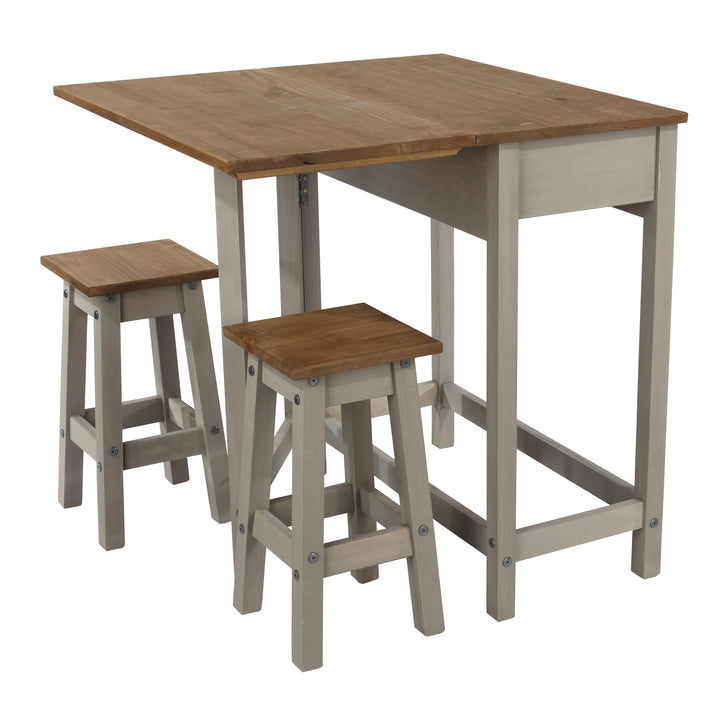 Corona Grey Breakfast Drop Leaf Table & 2 Stools Set Grey Wax Antique Waxed Pine (DHD) Image 4