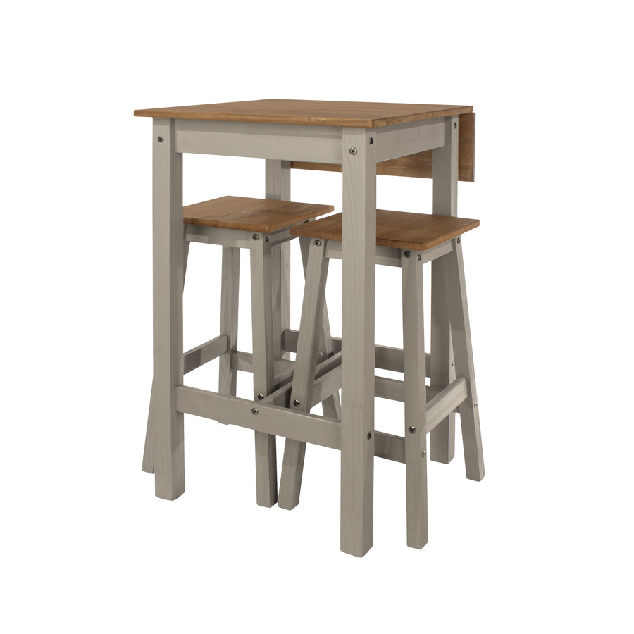 Linea Linea Drop Leaf Breakfast Table & 2 High Stools Set Grey Antique Waxed Pine (DHD) Image 1