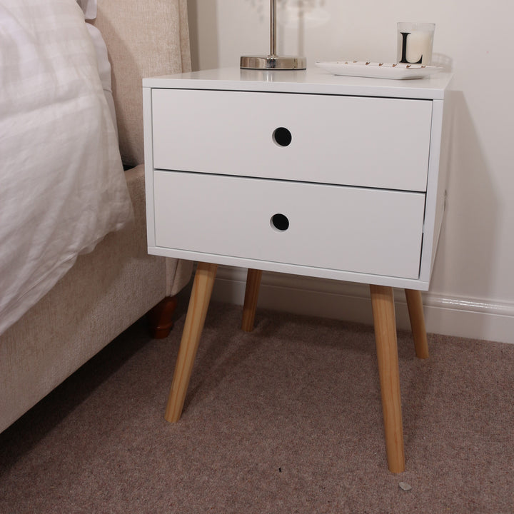 Options White Scandia, 2 Drawer & Wood Legs Bedside Cabinet  White Pine (DHD) Image 4