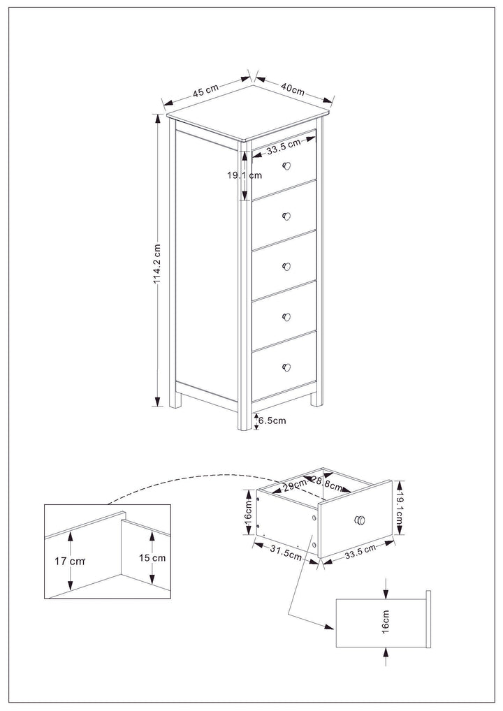 Nairn White 5 Drawer Narrow Chest Of Drawers White  (Self Assembly) (DHD)