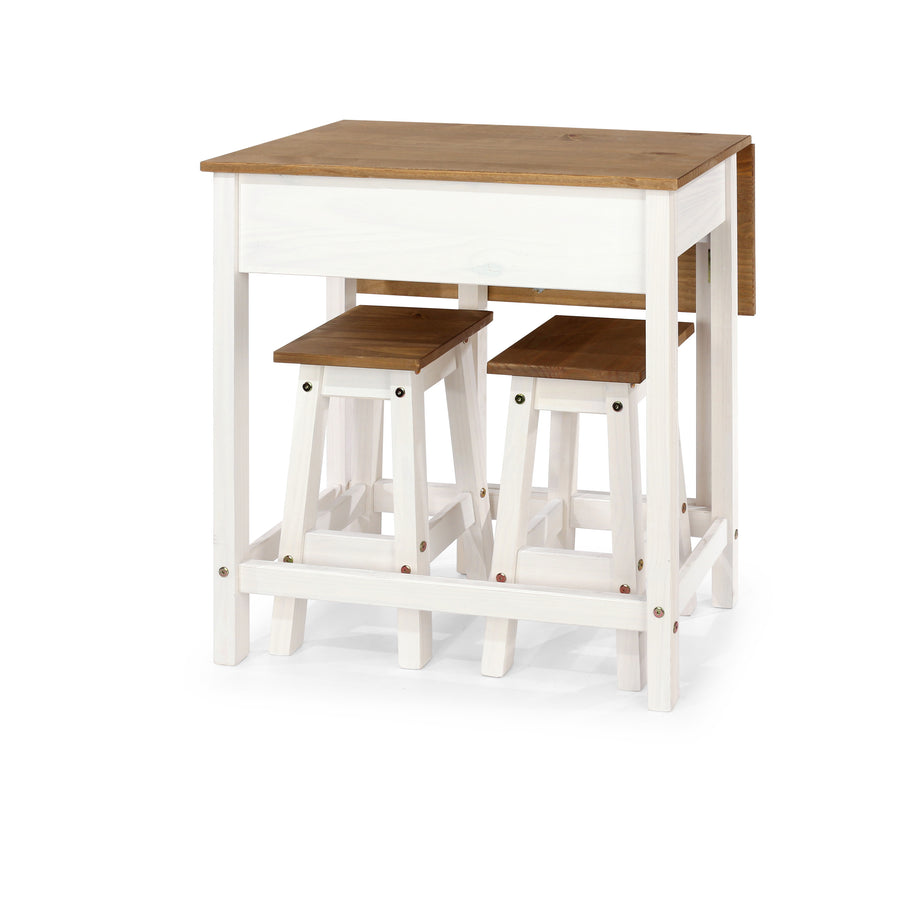 Corona White Breakfast Drop Leaf Table & 2 Stools Set White Wax Antique Waxed Pine (DHD) Image 1