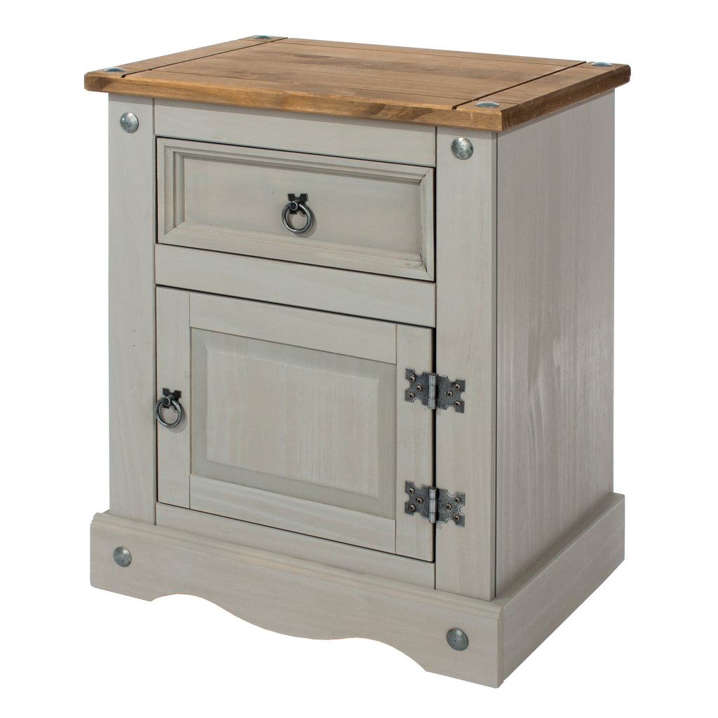 Corona Grey 1 Door, 1 Drawer Bedside Cabinet  Grey Wax Antique Waxed Pine (DHD) Image 1