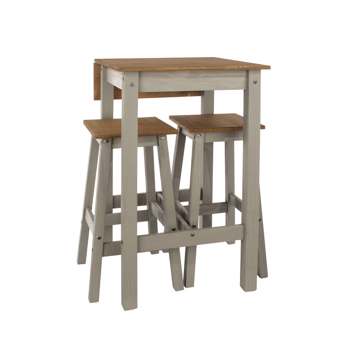 Linea Linea Drop Leaf Breakfast Table & 2 High Stools Set Grey Antique Waxed Pine (DHD) Image 3