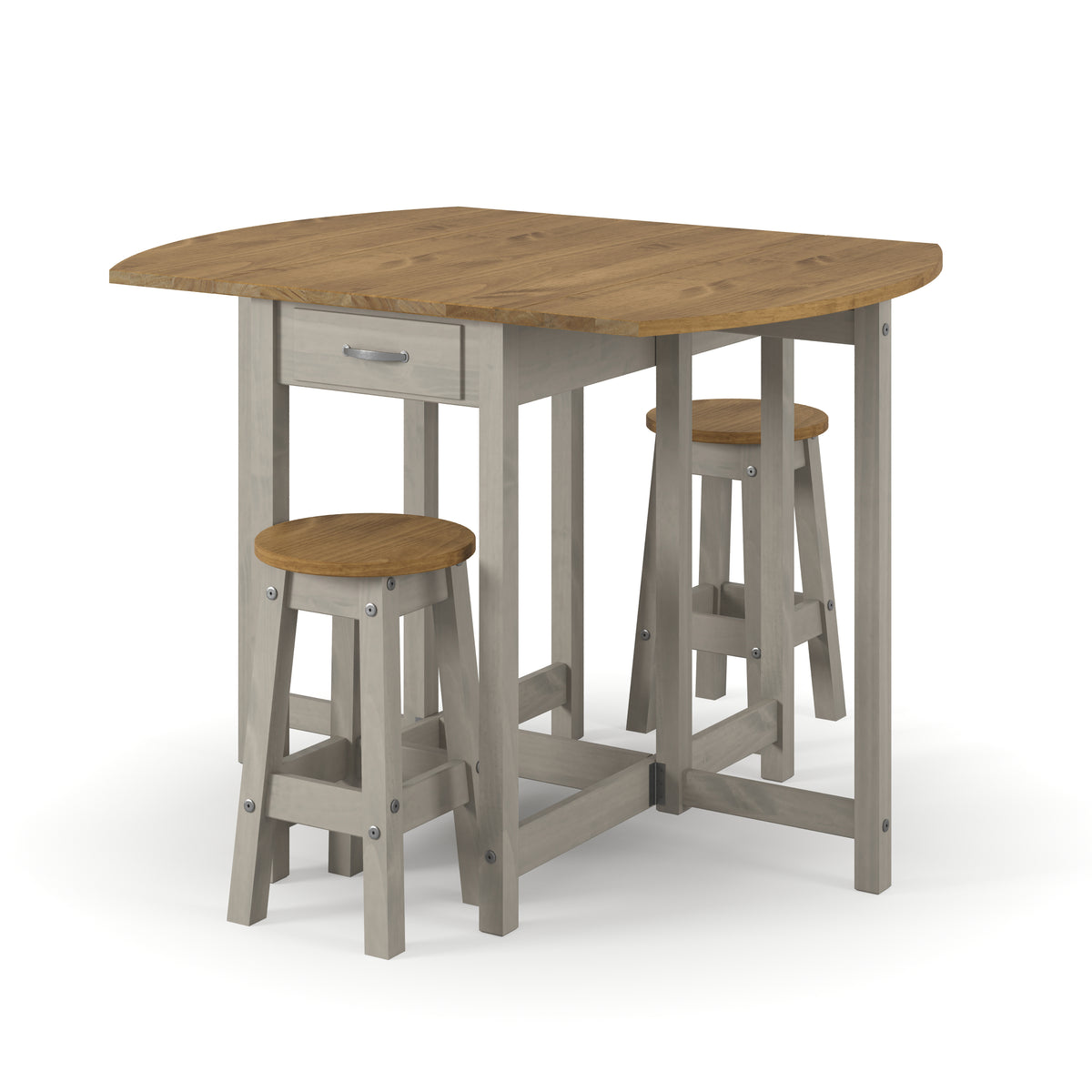 Corona Grey Oval Breakfast Drop Leaf Gateleg Table & 2 Stool Set Grey Antique Waxed Pine (DHD) Image 1