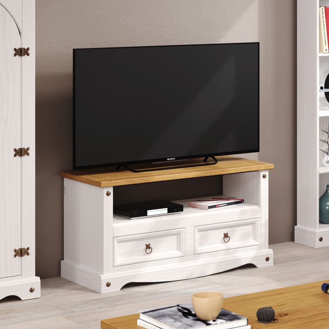 Corona White Flat Screen Tv Unit White Wax Antique Waxed Pine (DHD) Image 3