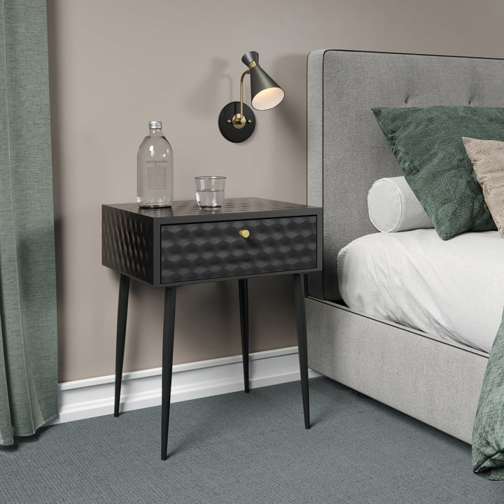 Options Saturn Metal 1 Drawer Bedside Cabinet, Black With Gold Handle  Black Gold (Self Assembly) (DHD)