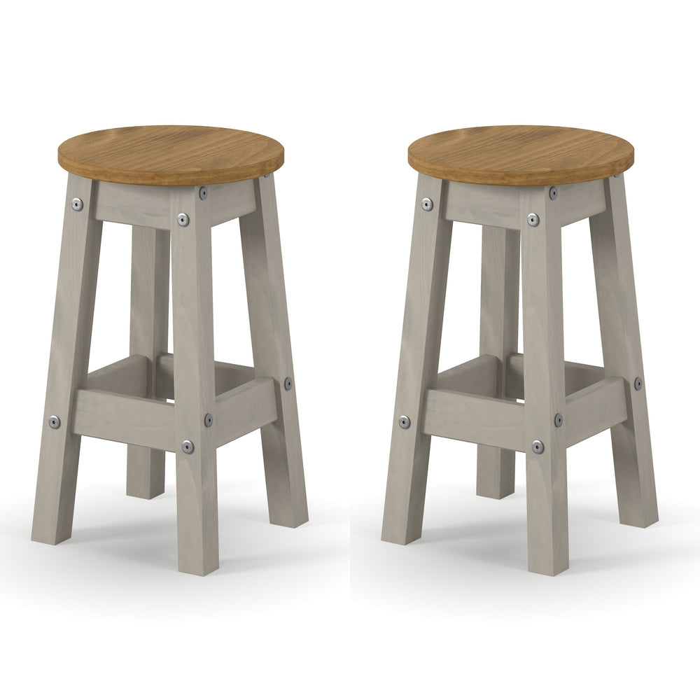 Corona Grey Low Round Breakfast Stools (Pair)  Grey Antique Waxed Pine (DHD) Image 2