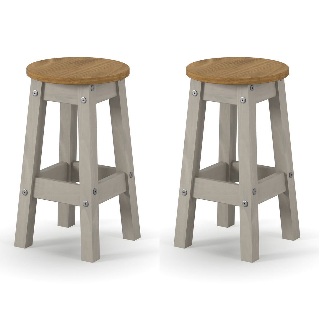 Corona Grey Low Round Breakfast Stools (Pair)  Grey Antique Waxed Pine (DHD) Image 2