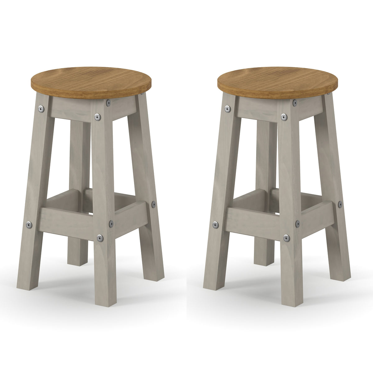 Corona Grey Low Round Breakfast Stools (Pair)  Grey Antique Waxed Pine (DHD) Image 2