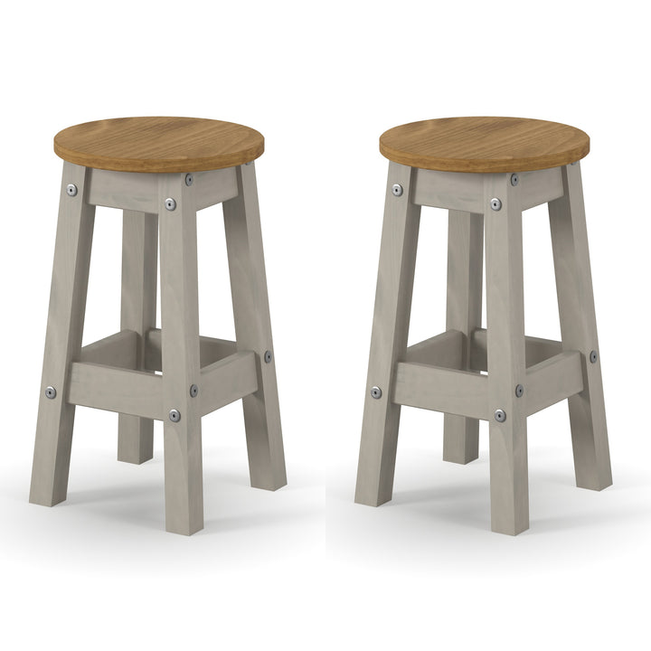 Corona Grey Low Round Breakfast Stools (Pair)  Grey Antique Waxed Pine (DHD) Image 2
