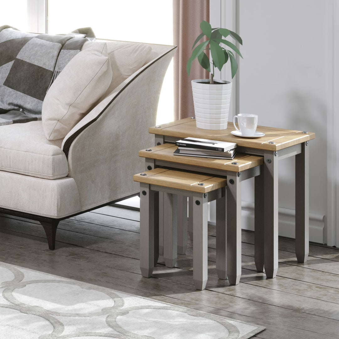 Corona Grey Nest Of Tables Grey Wax Antique Waxed Pine (DHD) Image 5