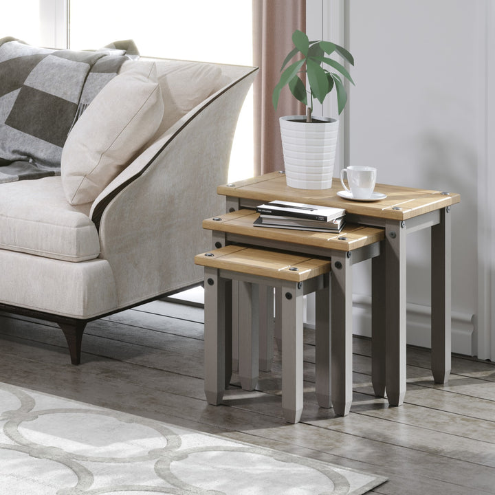 Corona Grey Nest Of Tables Grey Wax Antique Waxed Pine (DHD) Image 5