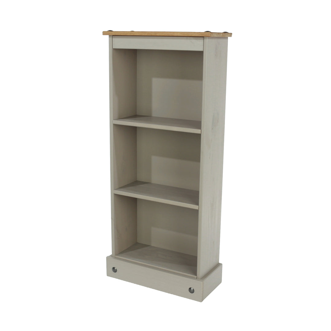 Corona Grey Low Narrow Bookcase Grey Wax Antique Waxed Pine (DHD) Image 1