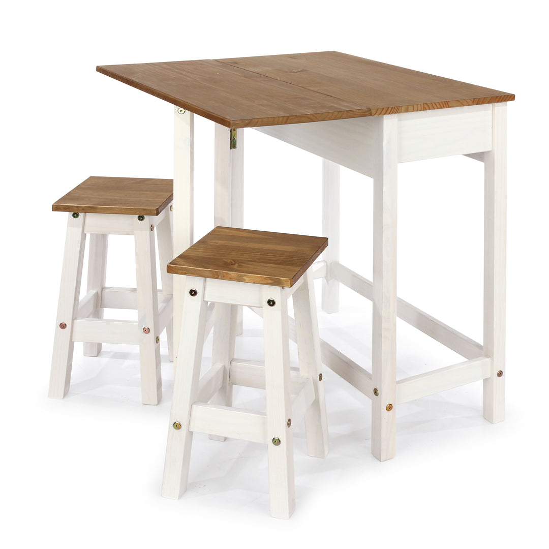 Corona White Breakfast Drop Leaf Table & 2 Stools Set White Wax Antique Waxed Pine (DHD) Image 4