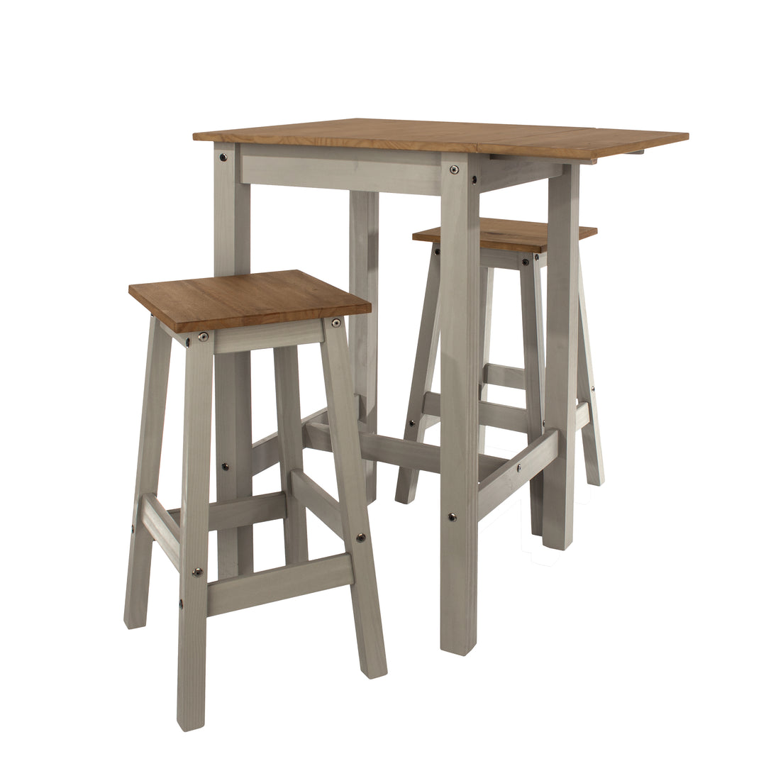 Linea Linea Drop Leaf Breakfast Table & 2 High Stools Set Grey Antique Waxed Pine (DHD) Image 4