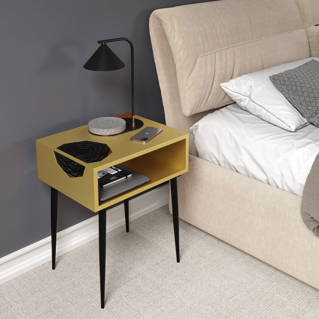 Options Galaxy Metal Bedside Table, Gold With Black Legs Gold Black (Self Assembly) (DHD)