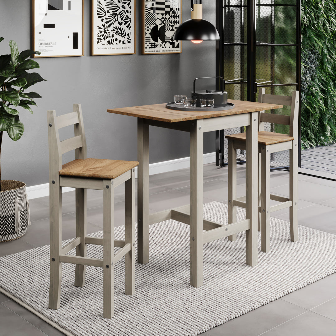 Corona Grey Square High Breakfast Bar Drop Leaf Table And Bar Chair Set Grey Antique Waxed Pine (DHD) Image 3