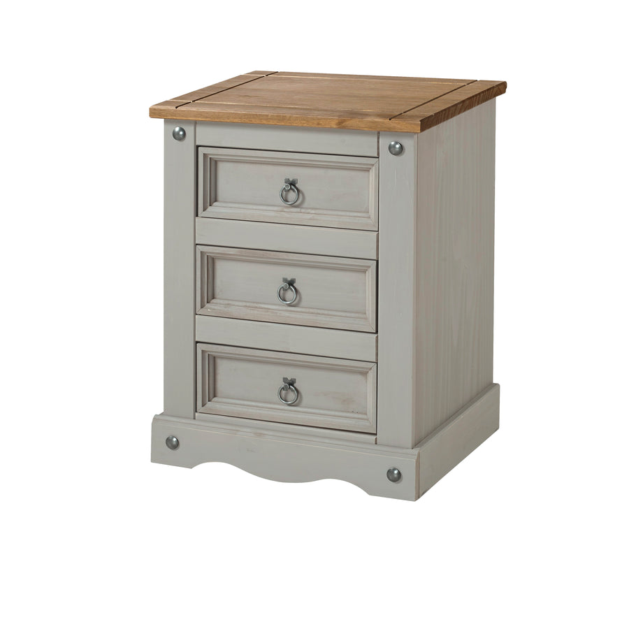 Corona Grey 3 Drawer Bedside Cabinet  Grey Wax Antique Waxed Pine (DHD) Image 1
