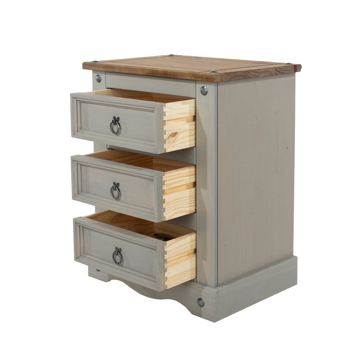 Corona Grey 3 Drawer Bedside Cabinet  Grey Wax Antique Waxed Pine (DHD) Image 4